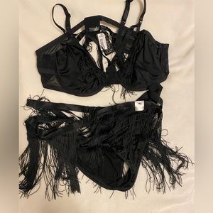 Black fringe long line bra with open fringe panty